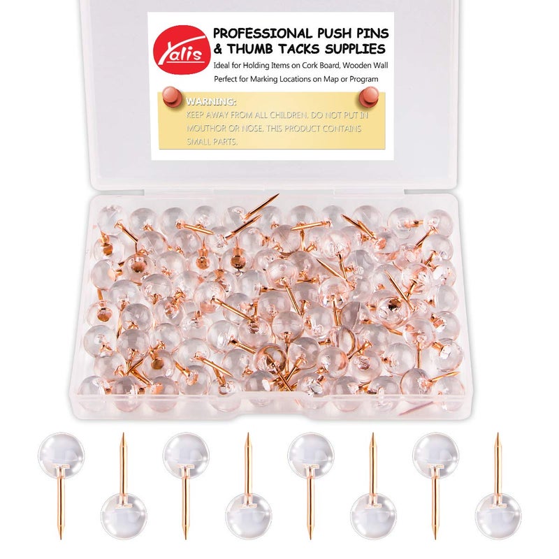 Yalis Push Pins 1/3 Inch Rose Gold Map Tacks 100-Count Large Size Pins Rose Gold Steel Point and Transparent Plastic Round Head (Rose Gold) - Image 1